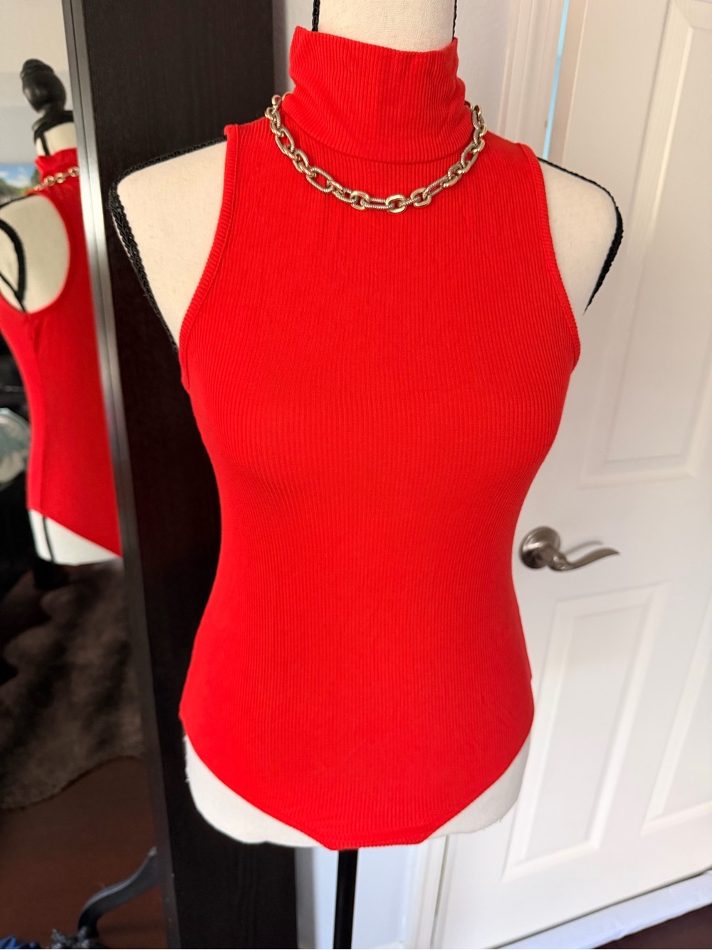 Women’s Red Ribbed Mock Neck Tank Top